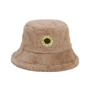 Thick warm khaki plush bucket hat with sunflower embroidery for winter wear