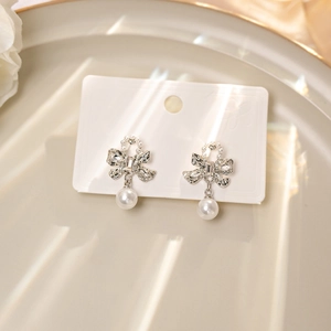 Bow Artificial Pearl Drop Earrings With Rhinestones And Silver Earring Post Elegant Versatile Fashion Jewelry For Women