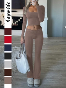 Haut Court À Manches Longues Et Col Carré Pour Femme Et Pantalon Évasé À Taille Haute Viscose Élasthanne Yoga