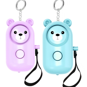 Cartoon bear personal safety alarms in pink and blue with metal keychains and hand straps