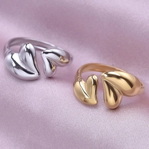 Polished 304 stainless steel double heart open rings in gold and silver finish