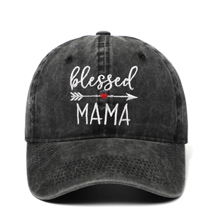 Blessed MAMA embroidered washed denim baseball cap in dark grey for outdoor leisure