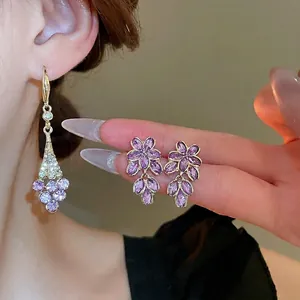 French violet flower earrings with purple crystals and gold tassels for elegant women
