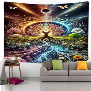 Detailed view of Tree of Life tapestry featuring cosmic planets and colorful psychedelic patterns