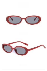Detailed views of red oval sunglasses with grey lenses from front and side angles