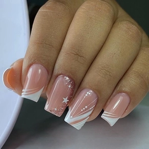 Französischer Stil Quadratische Künstliche Nägel Mit Weißer Spitze Nude Rosa 3D Streifen Glitzer Stern Design Damen Maniküre