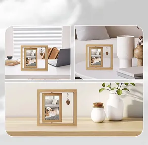 Rotating wooden picture frame with heart pendant shown in multiple home interior settings