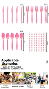 Set de vaisselle de fête rose couteaux fourchettes cuillères pailles en papier anniversaire