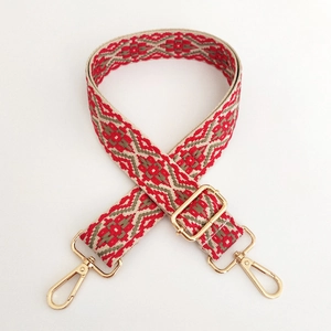 Detail of 3.8cm ethnic jacquard bag strap with geometric patterns and gold lobster clasps