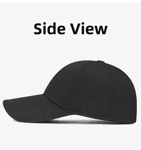 Side view of black breathable mesh baseball cap with curved brim and ventilation holes