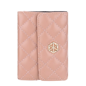 Pink quilted PU leather multi-slot card holder with gold hexagonal metal buckle decoration