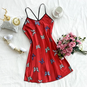 Elegant red silk-like satin nightgown featuring colorful butterfly prints and slim straps