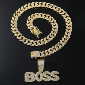 Hip hop style gold BOSS pendant necklace with iced out crystals and thick Cuban link chain