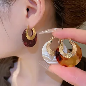 Vintage Round Hoop Earrings With Silver Earring Post Gold Plated Metal Radial Texture Marble Acetate Resin Pendant Jewelry