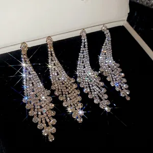 Elegante silberne Quastenohrringe mit funkelnden Strasssteinen in einer schwarzen Box