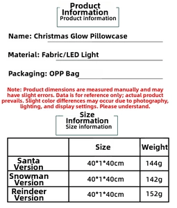 Detailed product specifications for LED Christmas pillows featuring Santa and Snowman