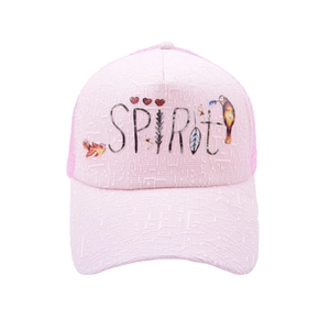 Detailed view of pink mesh trucker hat with SPIRIT text and embroidered bird motif