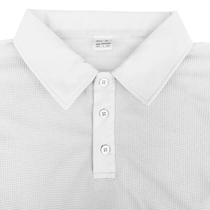 Macro shot of white Polo shirt collar showing 100% polyester honeycomb fabric texture