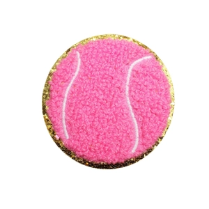 Pink chenille tennis ball patch with golden glitter border for bags and garments decoration