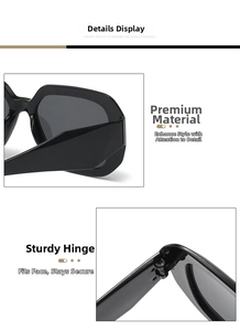 Detail of sturdy metal hinges and high-quality frame on black square sunglasses