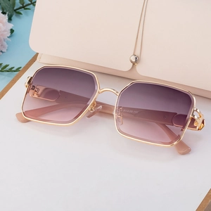 Fashionable square gold frame sunglasses with purple gradient lenses in a 45-degree view