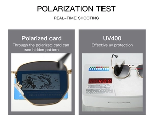 Detail view of polarized lens showing hidden pattern on test card and UV400 protection