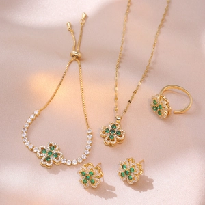 Bijoux Trèfle À Quatre Feuilles Coeur Acier Inoxydable Zircon Collier Boucles D'oreilles Bague Bracelet Femme Mode Luxe