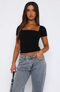 Detail of slim fit black square neck t-shirt showing ruched fabric and high quality cotton blend