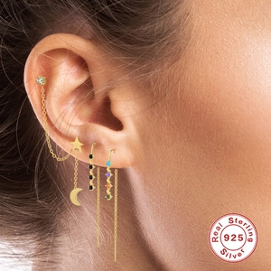 S925 sterling silver gold earrings with moon star charms and colorful tassel ear lines