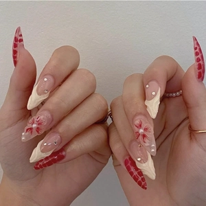 Press On Nails Almond Shape Resin With 3D Relief Flowers Rhinestones And Artificial Pearls French Style Glossy Fake Nails