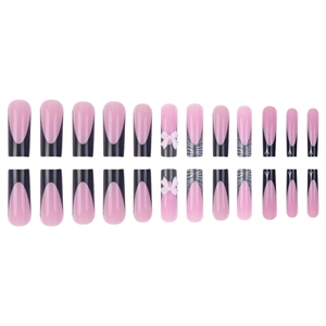 French tip coffin fake nails with pink and black zebra patterns and 3D bows