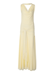 Elegant pale yellow sleeveless maxi dress featuring a cowl neck and waist knot design