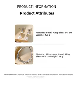 Detailed size and weight specs for diamond pearl necklace and dangle earring set