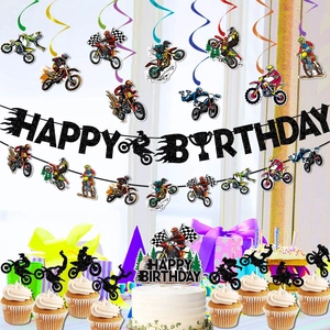 Dirt bike theme happy birthday party decoration set with black glitter banner and spirals