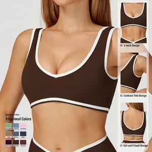 Brassière de sport col en V pour femme avec bordure contrastée et dos ouvert