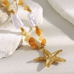 18K gold plated starfish pendant necklace with yellow natural stones and pearls