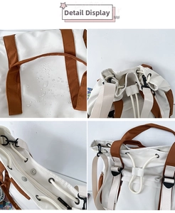 Waterproof nylon shoulder bag with drawstring closure and detachable strap details