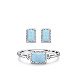 S925 sterling silver jewelry set featuring rectangular blue opal earrings and ring