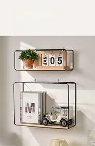 Detail of Nordic wall-mounted metal and wood shelves in modern minimalist living room