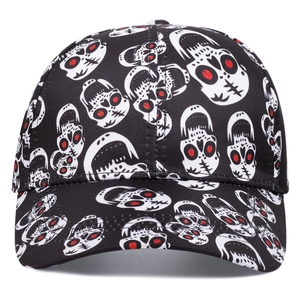 Unisex black baseball cap with white skull print and red eyes for Halloween punk style