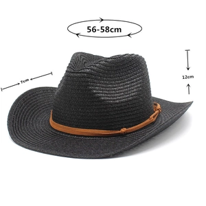 Detail view of black woven cowboy hat with brown leather band and specific dimensions