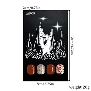 Short glossy press-on nails set with red brown, gold glitter, and flower designs, 24 pieces