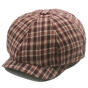 Classic plaid newsboy cap in reddish brown and beige cotton fabric for outdoor wear