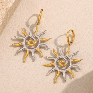 Boucles D'oreilles Pendantes Soleil Acier Inoxydable Plaqué Or 18K Spirale Martelé Bicolore Vintage Boho Pour Femmes