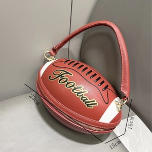 Rugby shaped brown leather handbag for evening parties with white stripes and football embroidery
