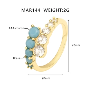 Technical detail of gold-plated brass ring with turquoise beads and AAA+ zircon
