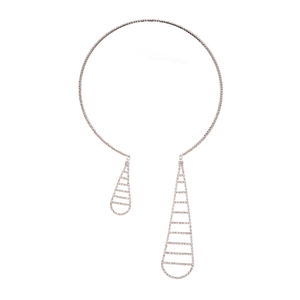 Silver-toned choker necklace with geometric water drop pendants and sparkling rhinestones