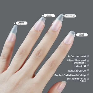 Detail of matte ultra-thin false nail shapes including trapezoid almond and round styles