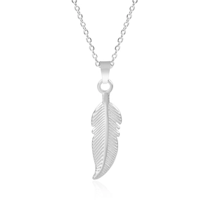 Macro detail of a silver feather pendant with polished stainless steel texture and chain