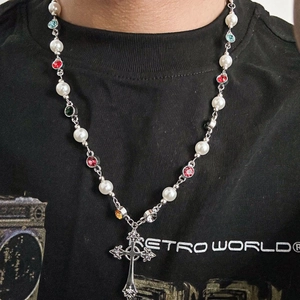 Men's silver chain necklace with imitation pearls, colorful gemstones, and cross pendant